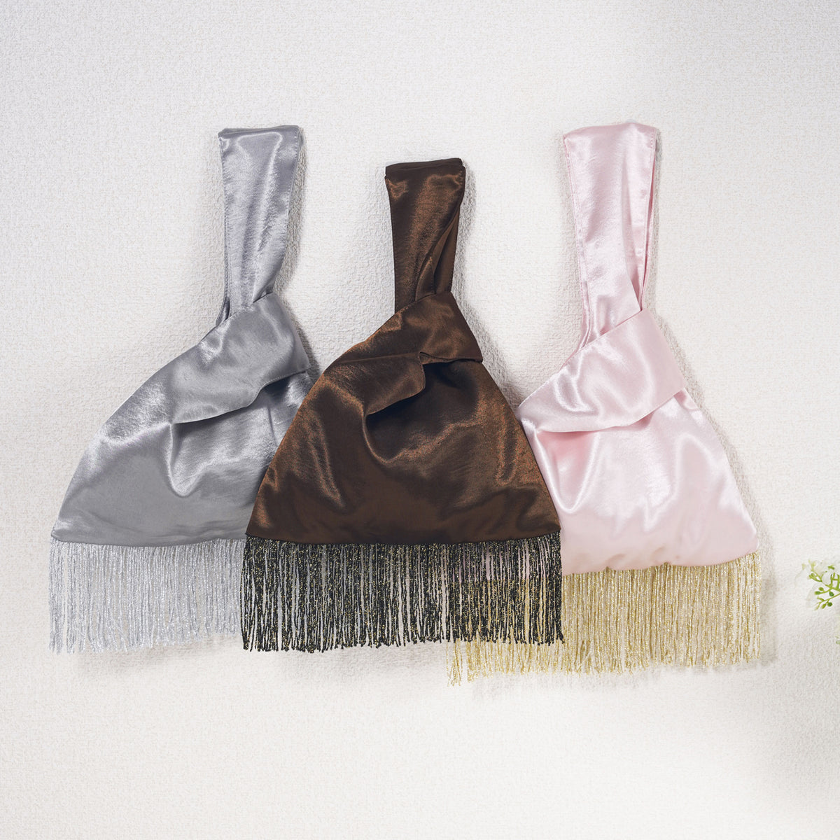 Silver metallic fringe Japanese knot bag gallery image 1.jpg