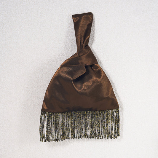 Coffee brown acetate satin Japanese knot bag with gold metallic fringe