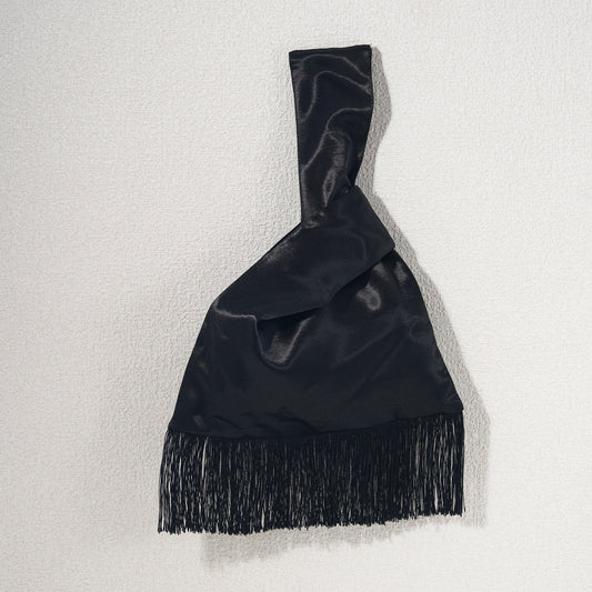 Black acetate satin Japanese knot bag with matching fringe