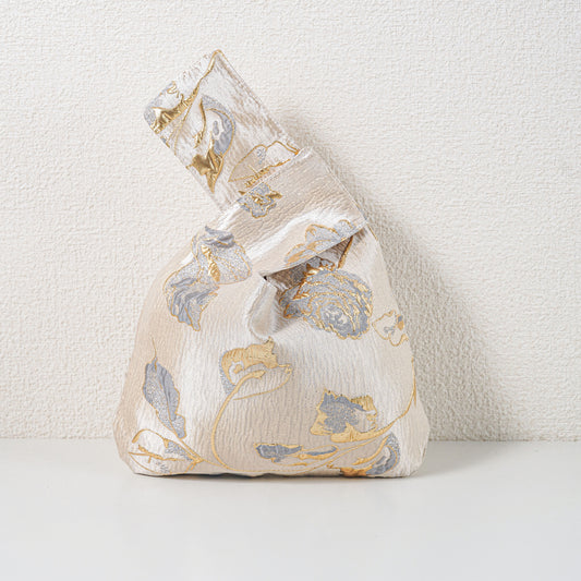 Gold Grey Rose Satin Japanese Knot Bag