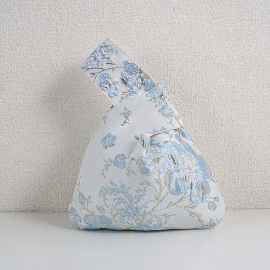 Blue Bloom Floral Satin Japanese Knot Bag