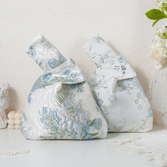Blue Botanical Jacquard Japanese Knot Bag