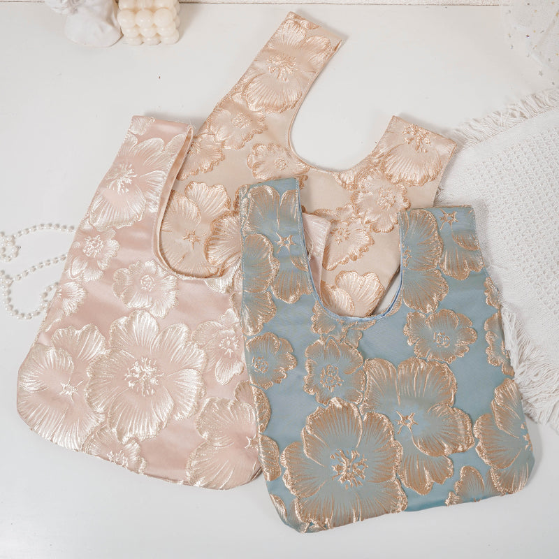 Embossed Camellia Satin Japanese Knot Bag