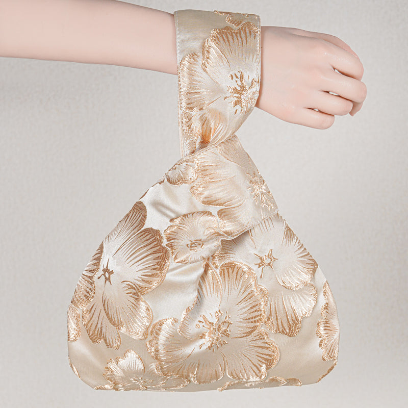 Embossed Camellia Satin Japanese Knot Bag