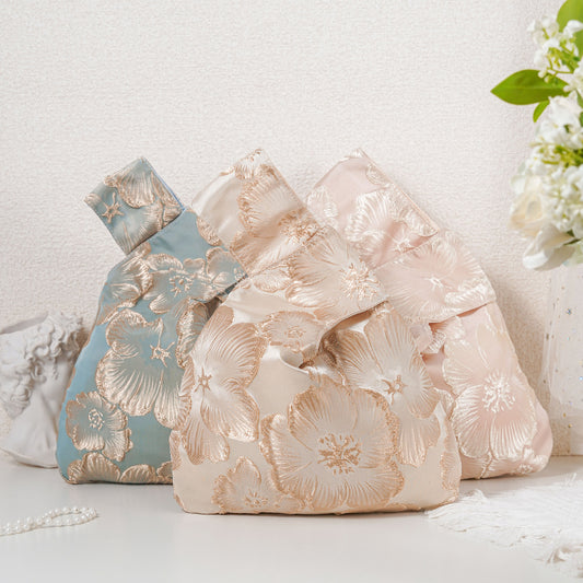Embossed Camellia Satin Japanese Knot Bag