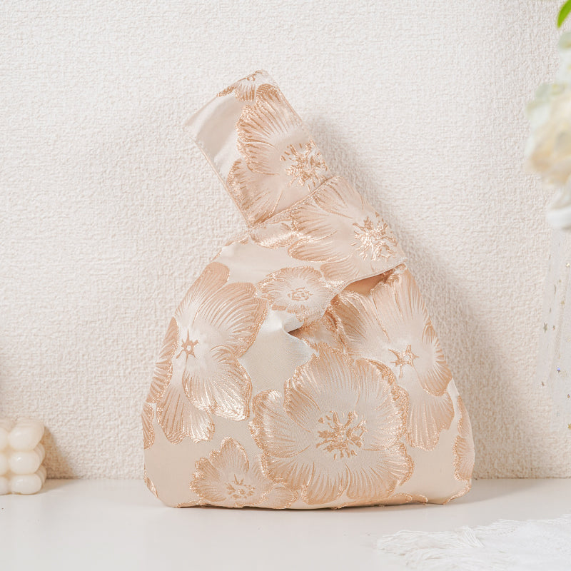 Embossed Camellia Satin Japanese Knot Bag