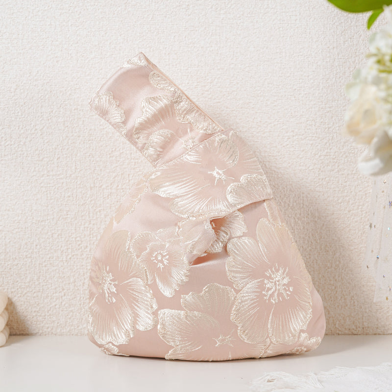 Embossed Camellia Satin Japanese Knot Bag
