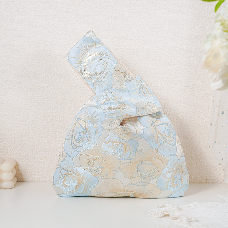 Gold-Thread Rose Embroidered Japanese Knot Bag
