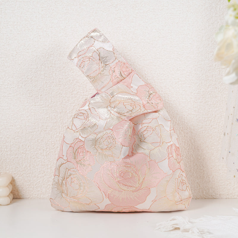Gold-Thread Rose Embroidered Japanese Knot Bag