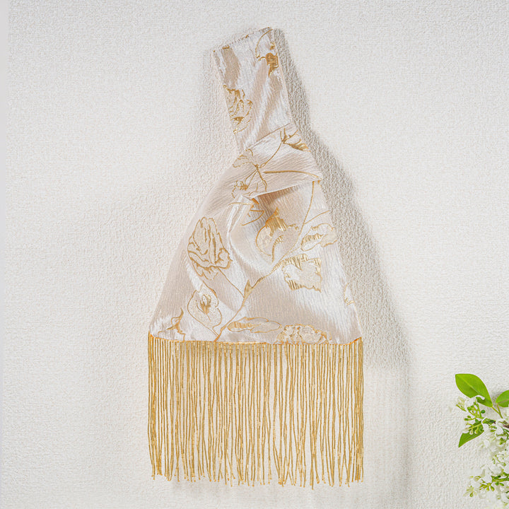 Gold Yellow Rose Satin Japanese Knot Bag with Beaded Tassel