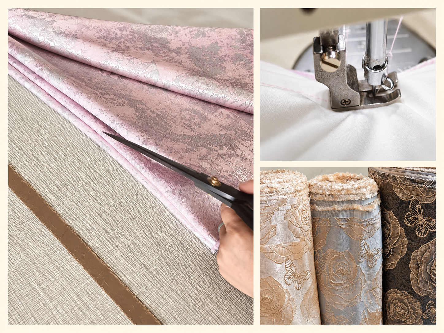 A collage illustrating fabric cutting, sewing, and distinctive fabrics