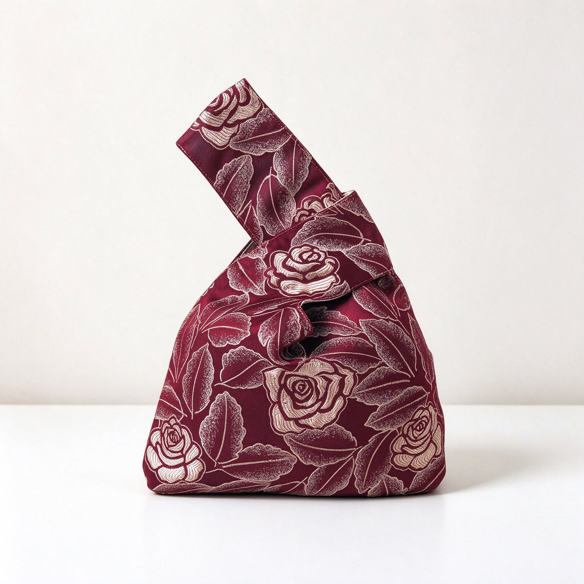 Burgundy Vintage Rose Leaf Satin Japanese Knot Bag