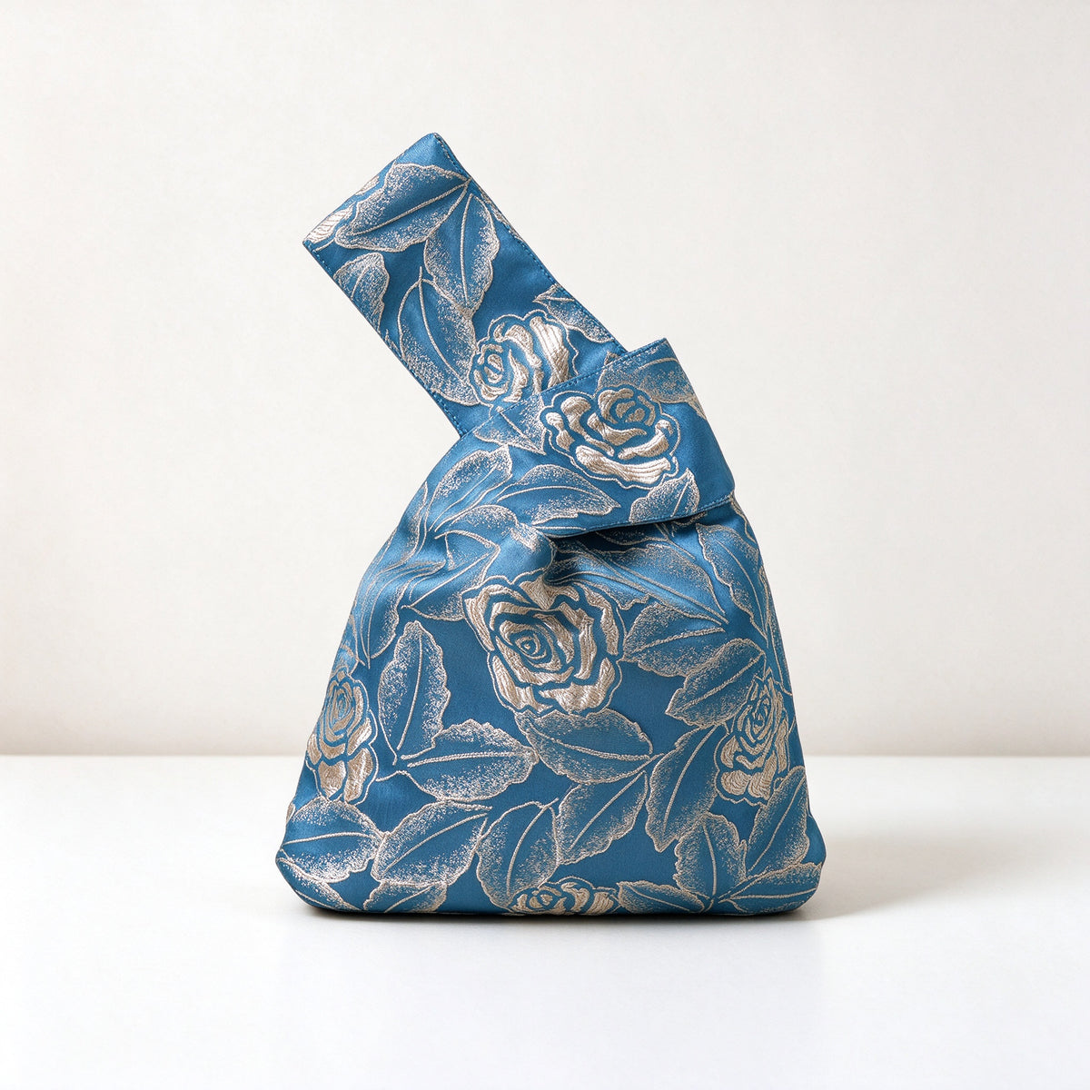 Dusty Blue Vintage Rose Leaf Satin Japanese Knot Bag