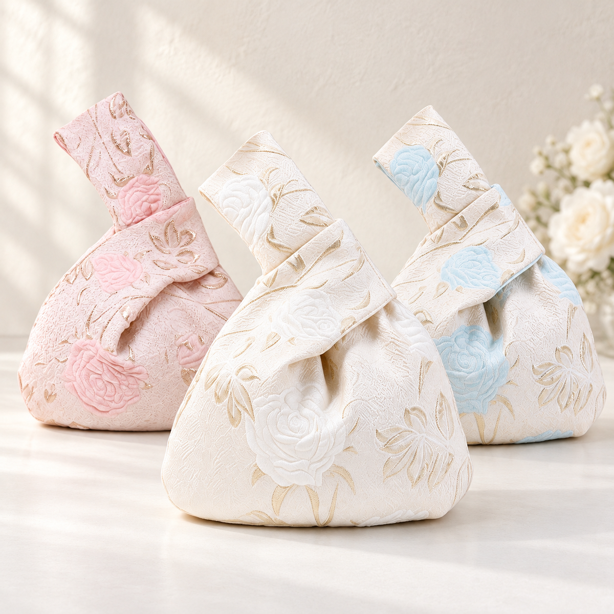 Pink, white and blue long stem rose knot bags