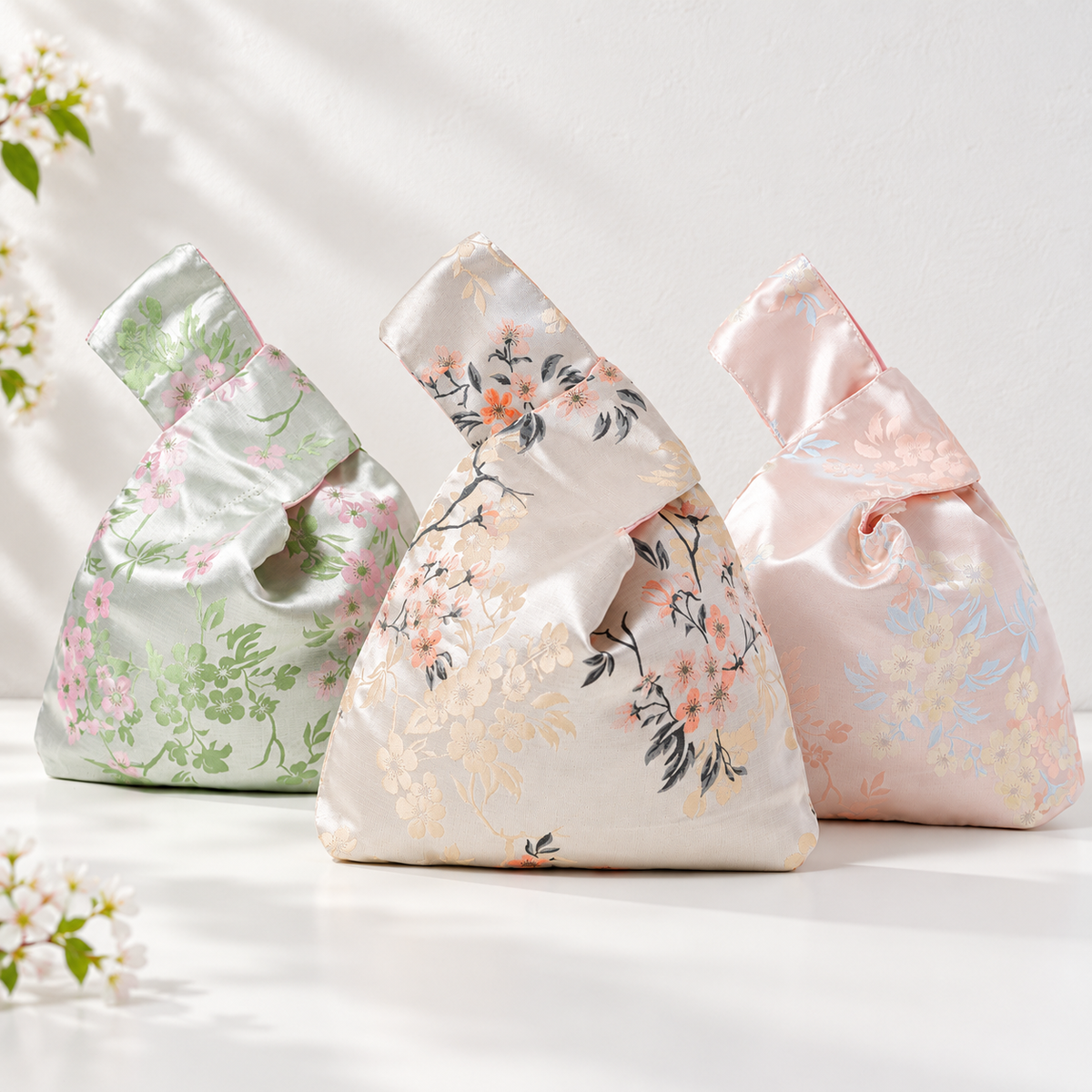 Three blossom brocade knot bags in green, champagne and pink
