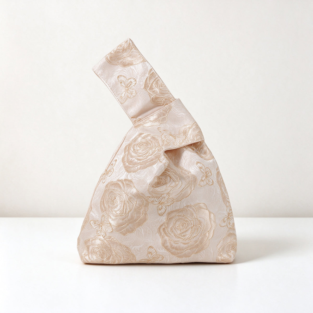 Gold Butterfly Rose Satin Japanese Knot Bag