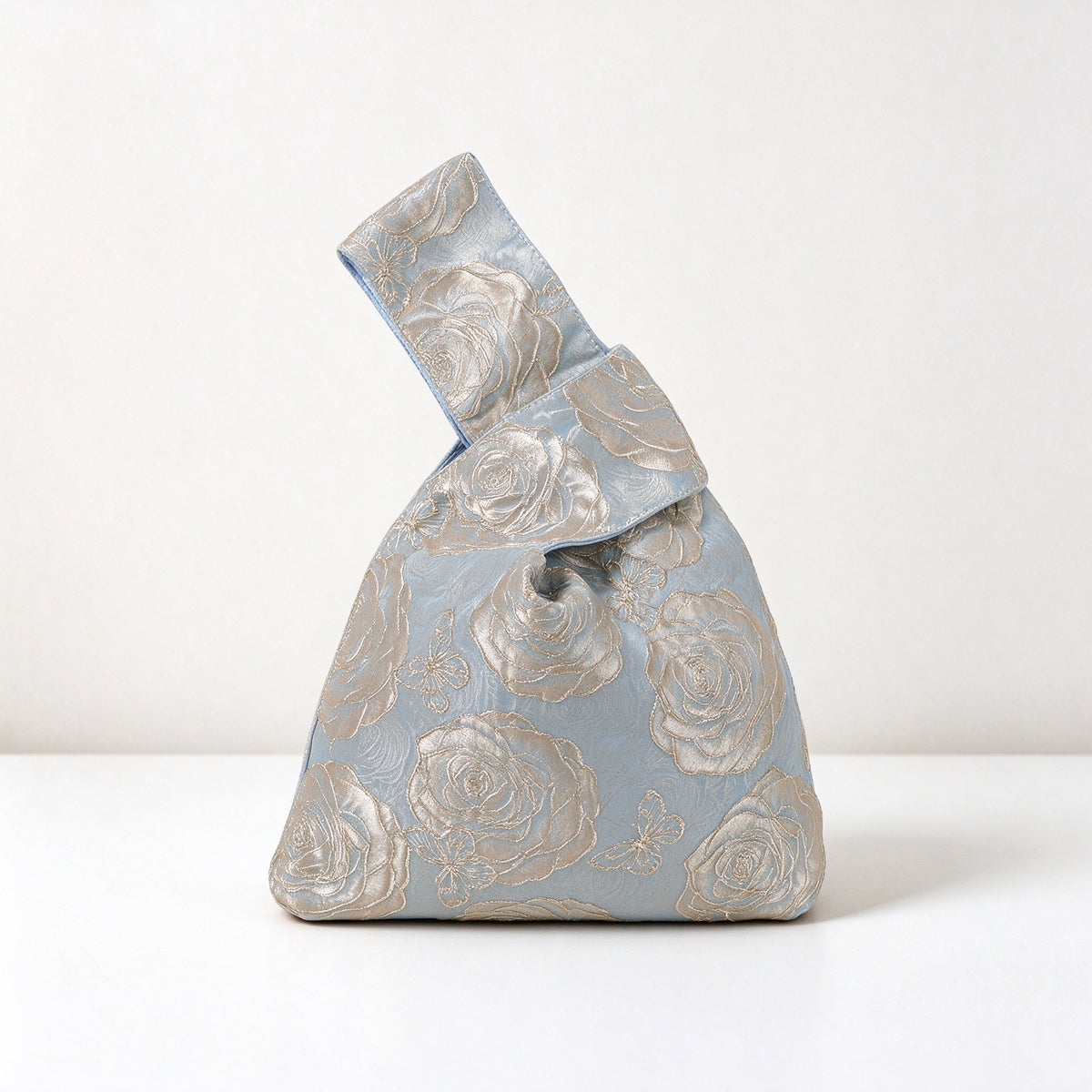 Dusty Blue Butterfly Rose Satin Japanese Knot Bag
