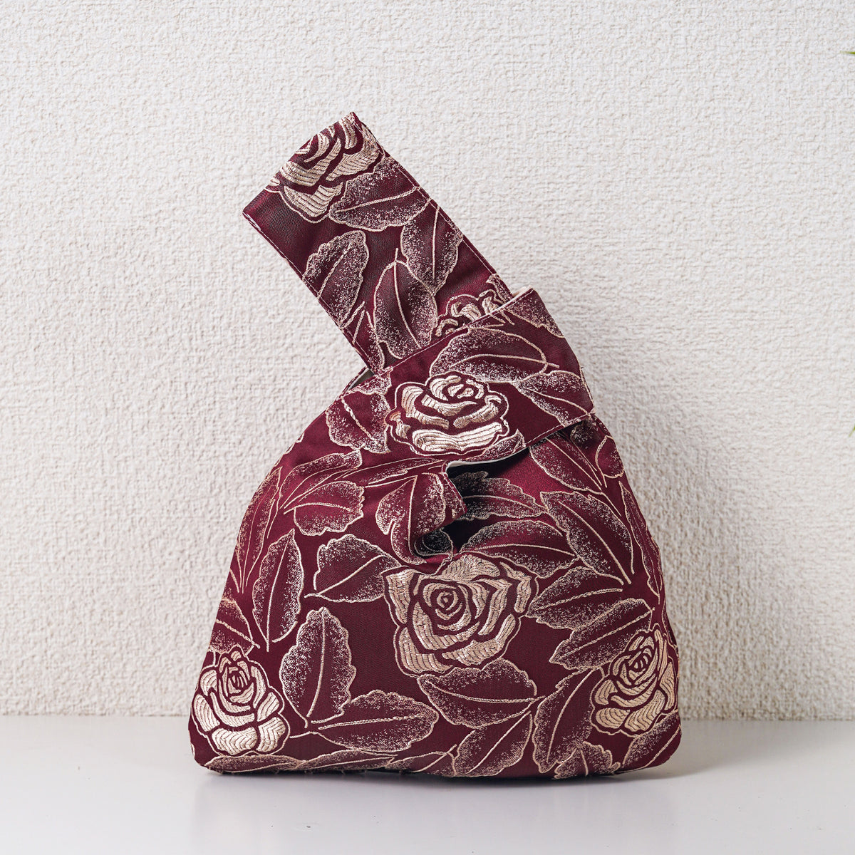 Vintage Rose Leaf Satin Japanese Knot Bag fabric and bag detail 6