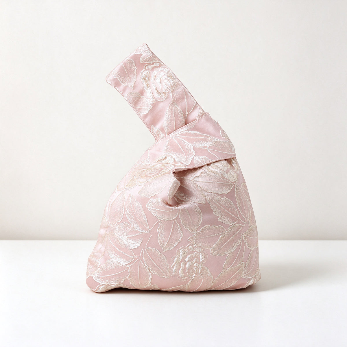 Pink Vintage Rose Leaf Satin Japanese Knot Bag