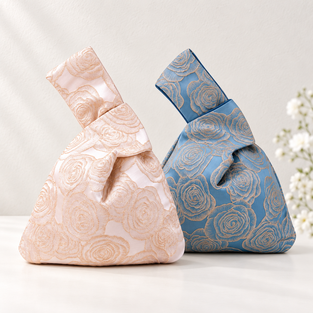 Navy and champagne baroque rose knot bags