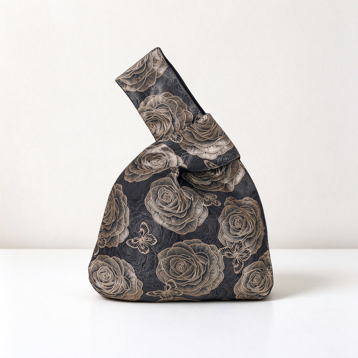 Black Butterfly Rose Satin Japanese Knot Bag
