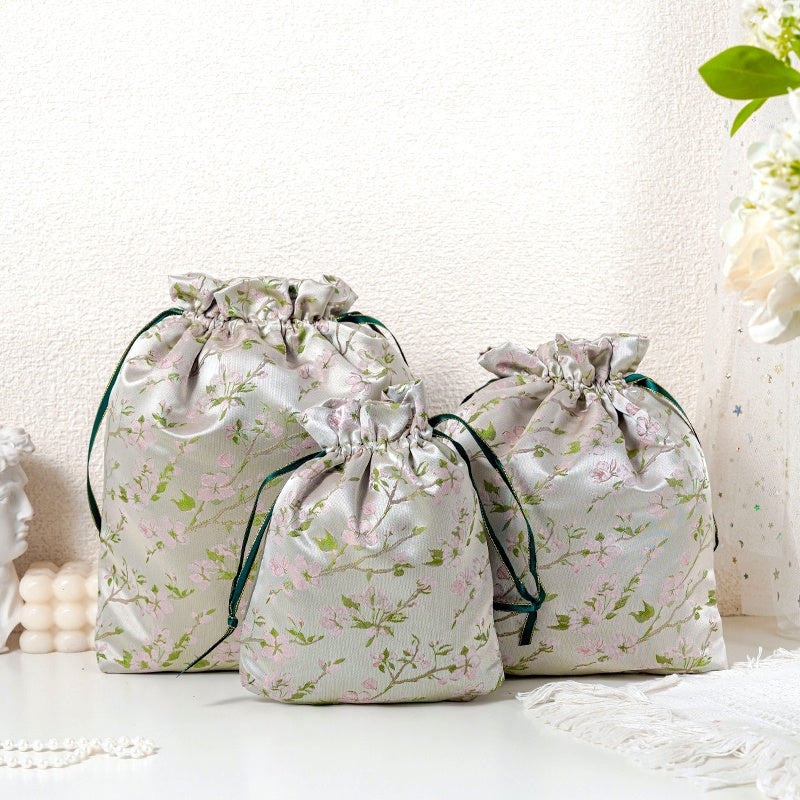 Champagne Sakura patterned drawstring favor gift bag