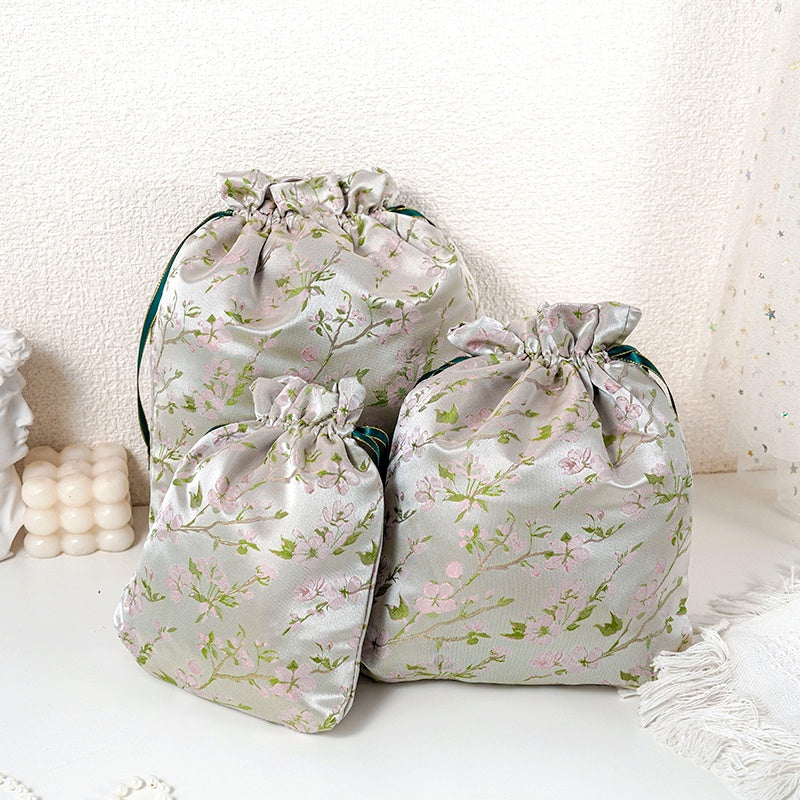 Champagne Sakura patterned drawstring favor gift bag