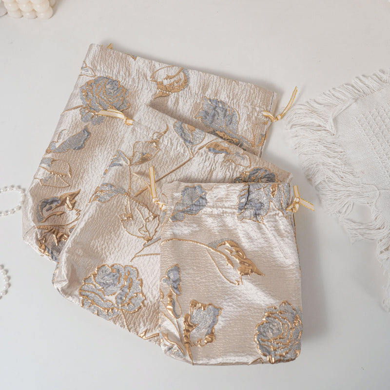 Gold Gray Rose patterned drawstring favor gift bag