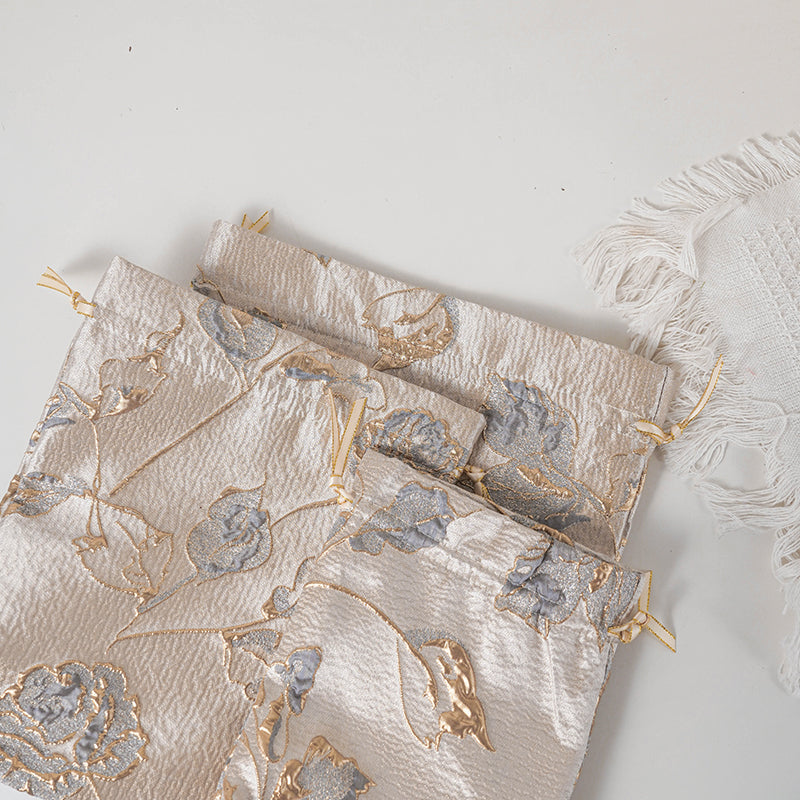 Gold Gray Rose patterned drawstring favor gift bag
