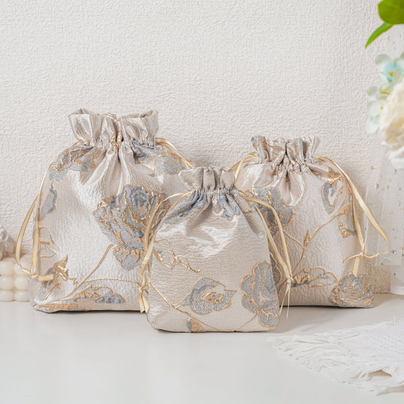 Gold Gray Rose patterned drawstring favor gift bag