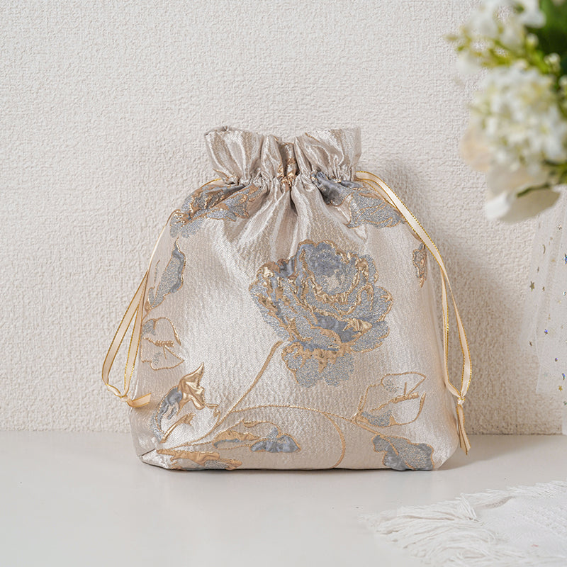 Gold Gray Rose patterned drawstring favor gift bag