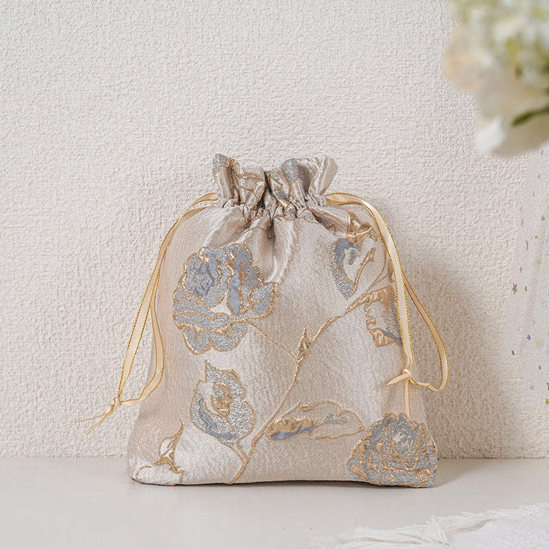 Gold Gray Rose patterned drawstring favor gift bag