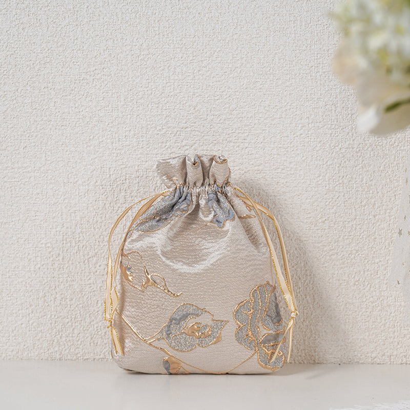Gold Gray Rose patterned drawstring favor gift bag