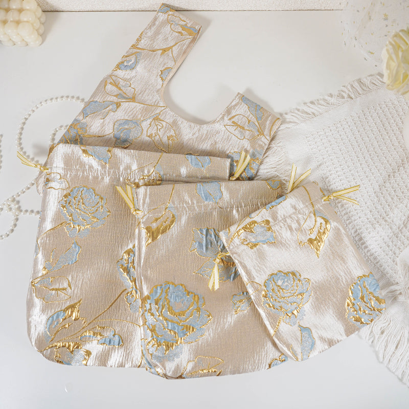 Gold Blue Rose patterned drawstring favor gift bag