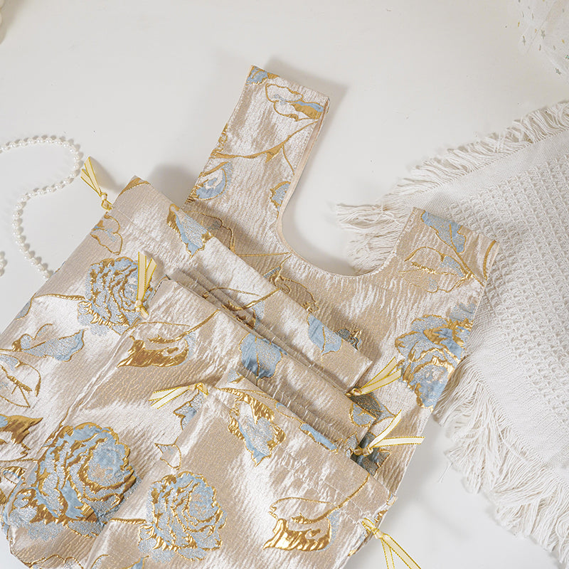 Gold Blue Rose patterned drawstring favor gift bag