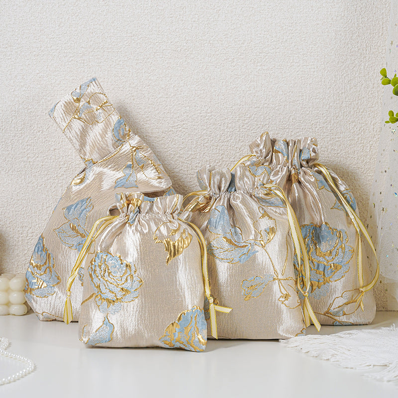 Gold Blue Rose patterned drawstring favor gift bag