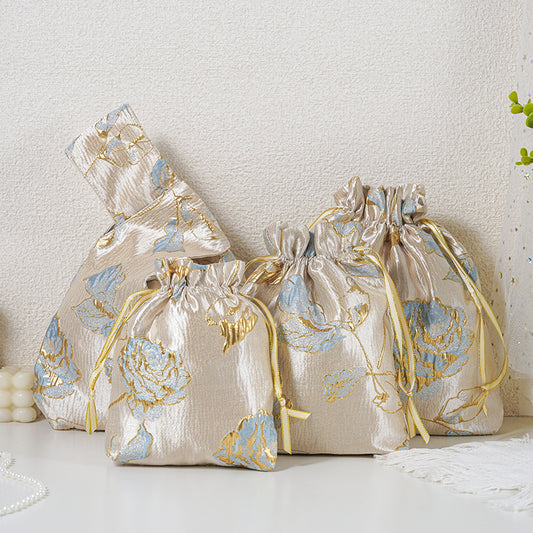 Gold Blue Rose patterned drawstring favor gift bag