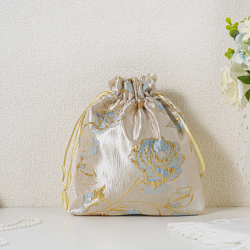 Gold Blue Rose patterned drawstring favor gift bag