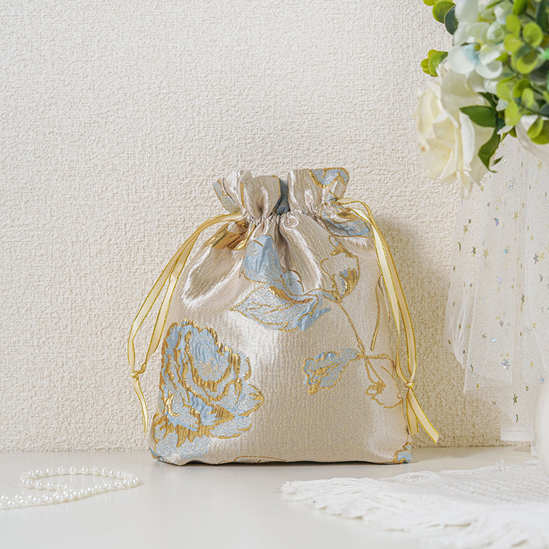 Gold Blue Rose patterned drawstring favor gift bag