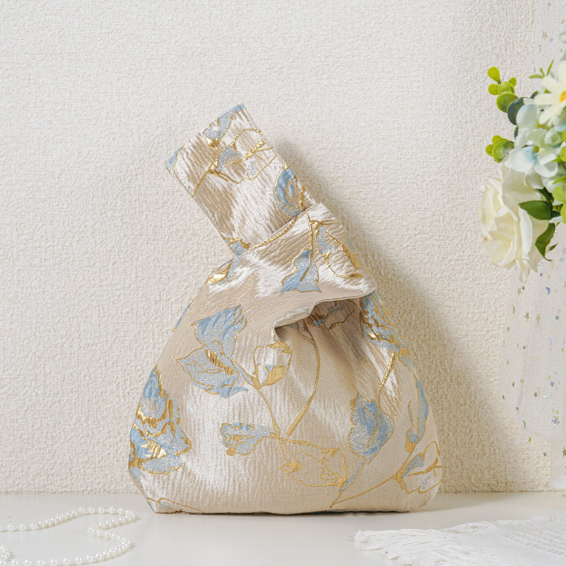 Gold Blue Rose patterned drawstring favor gift bag