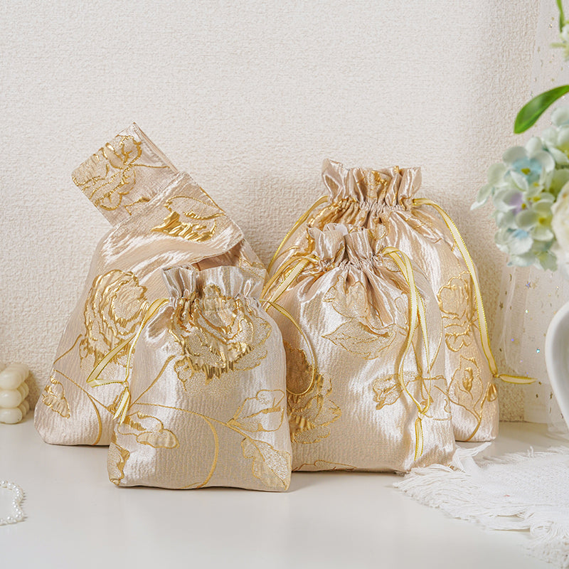 Gold Yellow Rose patterned drawstring favor gift bag