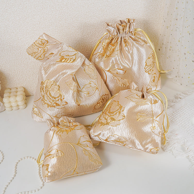 Gold Yellow Rose patterned drawstring favor gift bag