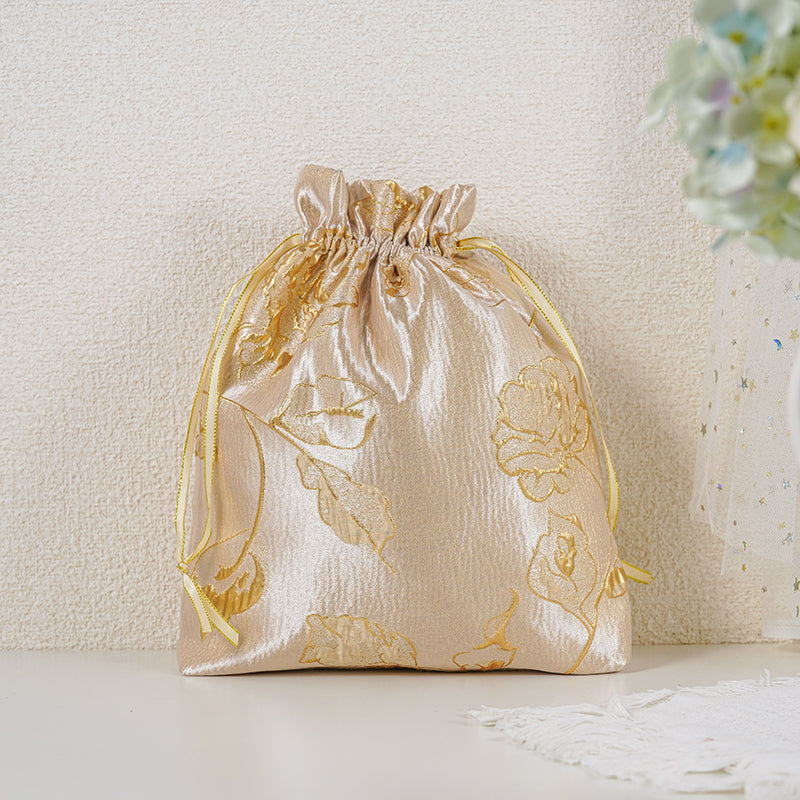 Gold Yellow Rose patterned drawstring favor gift bag