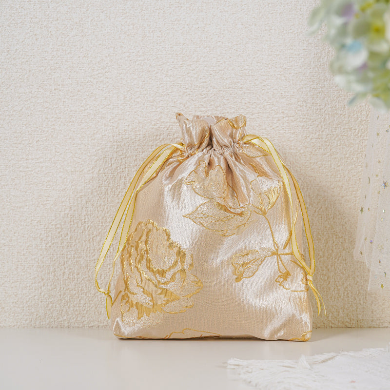 Gold Yellow Rose patterned drawstring favor gift bag