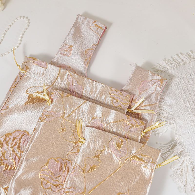 Gold Pink Rose patterned drawstring favor gift bag