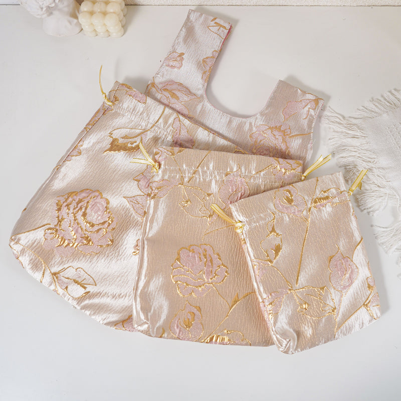 Gold Pink Rose patterned drawstring favor gift bag