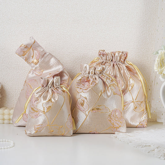 Gold Pink Rose patterned drawstring favor gift bag