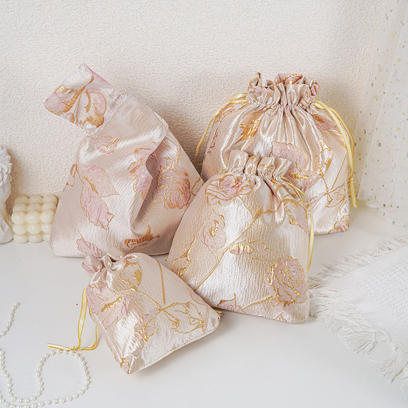 Gold Pink Rose patterned drawstring favor gift bag