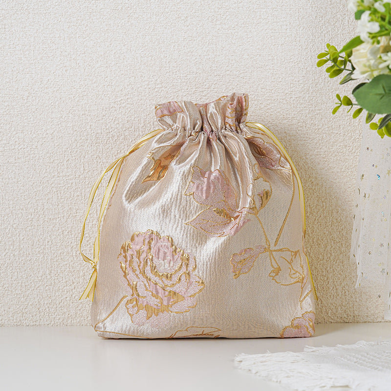 Gold Pink Rose patterned drawstring favor gift bag