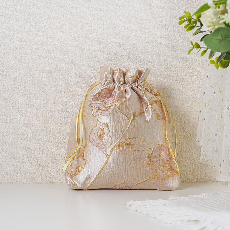 Gold Pink Rose patterned drawstring favor gift bag